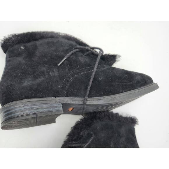 Black Suede Ankle Boots with Faux Fur Trim, Lace-Up Closure - Picture 15 of 15